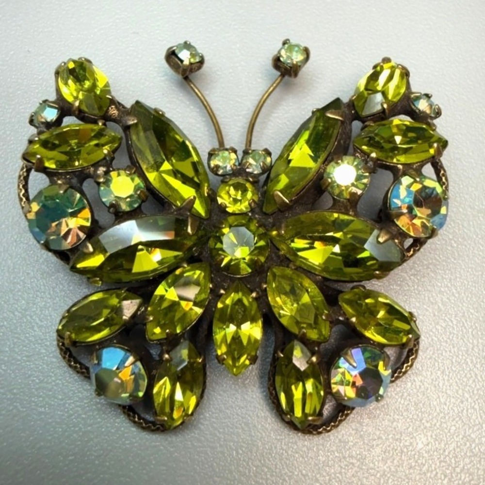 REGENCY Vintage Green Rhinestone Butterfly Brooch 1950s MCM Signed Whimsical